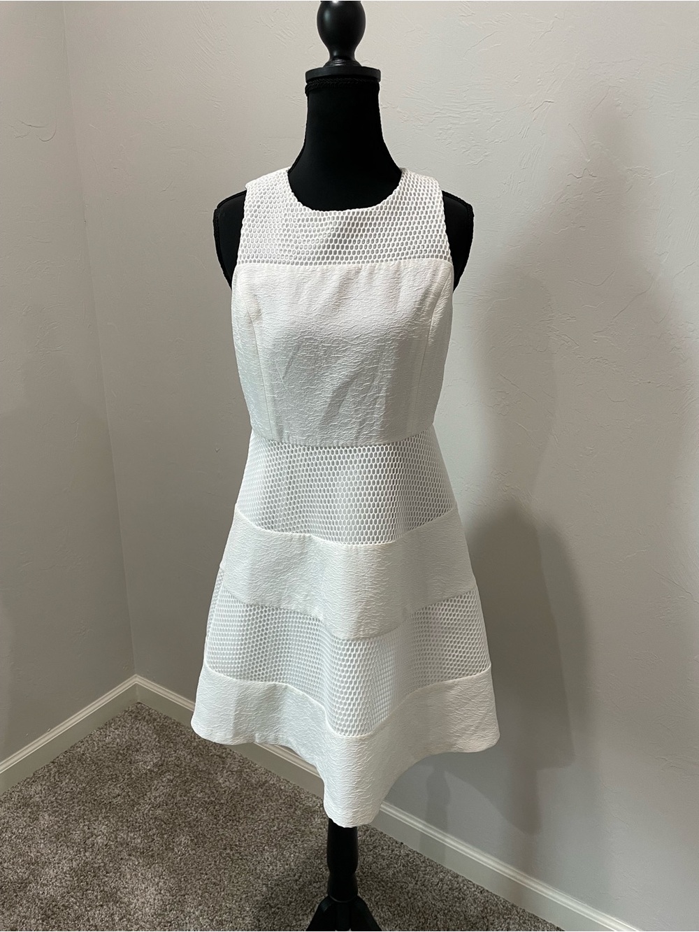 Ann Taylor White Sleeveless Mesh Panel Midi Dress